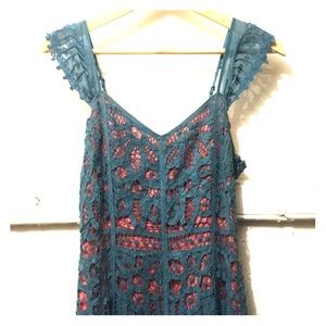 Betsey Johnson pink and teal macrame dress
